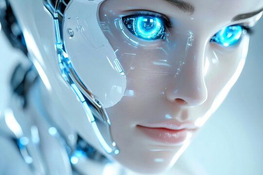 Futuristic gynoid showing glowing blue eyes and artificial intelligence circuits