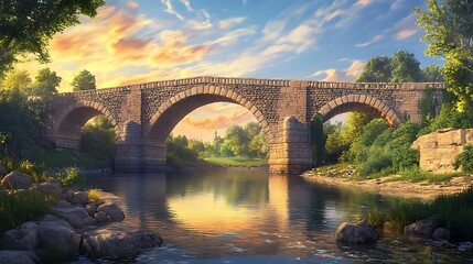 Fototapeta premium Majestic stone arch bridge over tranquil river with golden sunlight and lush green riverbank