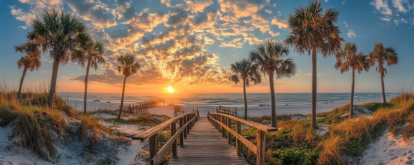 Picturesque Beach Boardwalk Leading to Ocean at Sunset with Palm Trees