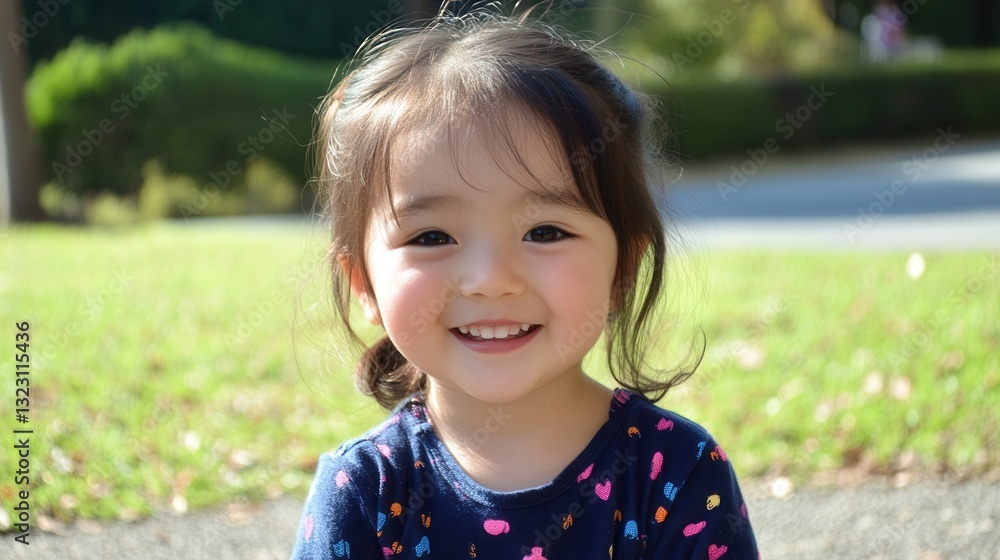 Poster smiling child enjoying a sunny day in the park with green grass and cheerful expression