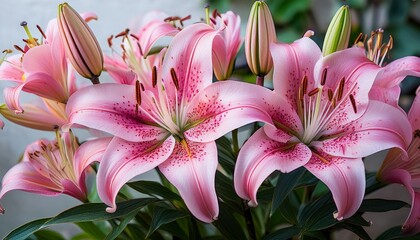 Beautiful pink lilies in full bloom with delicate petals and intricate details. A stunning close-up of fresh flowers in a lush green garden, perfect for nature, floral, and botanical themes.