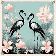 Two elegant flamingos amidst tropical flowers  