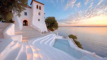 Obraz premium Luxury White Villa Overlooking Calm Ocean at Sunset with Pool