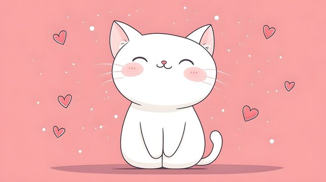 Adorable Cute White Kitten Greeting Card on Pastel Pink Background for Valentine s Day