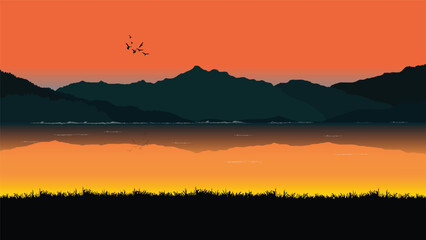 graphics drawing of a serene landscape view outdoor after of sunset with grass on the ground for wallpaper background vector illustration