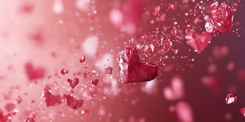 A ruby red background with varying shades of white and pink hearts floating in random directions