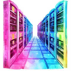 Abstract Watercolor Illustration of a Server Room Rows of Colorful Data Servers in a Modern Data Center.