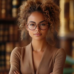 A beautiful woman with glasses looking directly into the camera