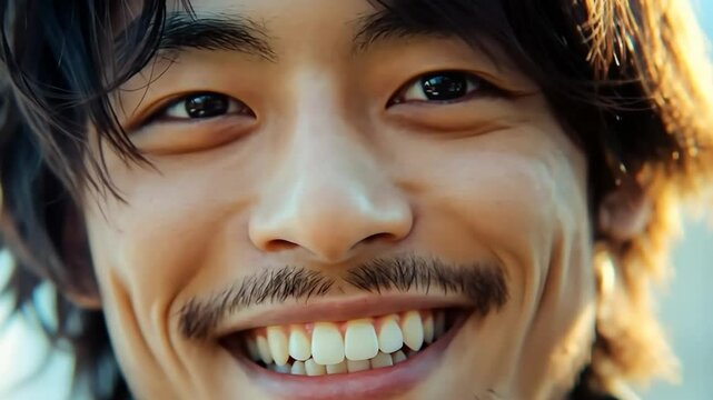 Close-up portrait of a smiling young asian man with dimples, exuding happiness and confidence	
