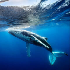 Naklejka premium Majestic Humpback Whale Gliding Gracefully Beneath the Ocean's Surface