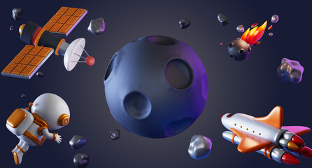 Galaxy 3d background with spaceship, astronaut, satellite, meteor in outer space. Alien planet or moon landscape with craters and stone asteroids flying in night sky, cartoon render. 3D illustration