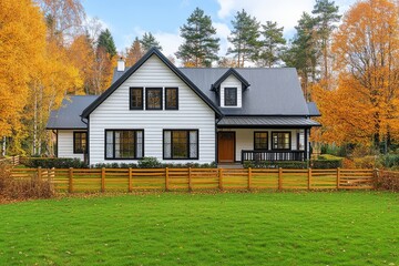 Obraz premium Beautiful white farmhouse with black trim, surrounded by lush green grass and trees, large windows, inviting front porch, and wooden fence, capturing the essence of countryside living.