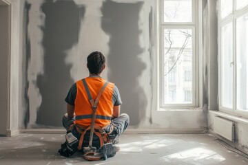 Construction worker preparing walls for painting residential building interior project modern environment side view renovation concept