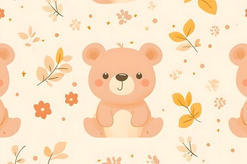 Obraz premium Charming Cartoon Bear Doodle in Seamless Pattern with Lovely Leaves and Flowers for Nursery and