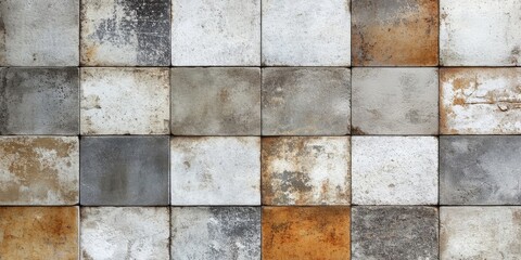 Old brown gray rusty vintage worn shabby patchwork motif tiles stone concrete cement wall texture background banner