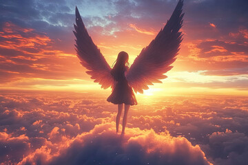 Obraz premium Anime angel with wings in heavenly clouds, sunset cloudscape, fantasy cartoon teenager, divine sky background, ethereal wallpaper