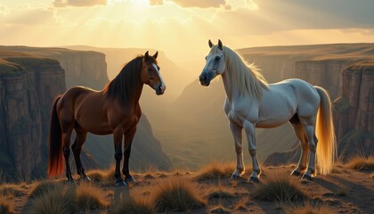 Fototapeta premium Majestic Horses at Sunset on Hillside: Sunset Sky and Majestic Mountains. A couple of horses standing on top of a grass covered hill.
