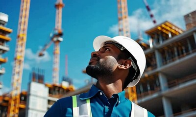 A construction worker in a hard hat gazes upward, with cranes and a building site in the background, symbolizing determination and focus in the industrial sector.