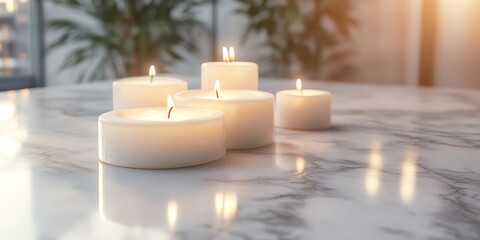 A set of elegant candles arranged on a marble countertop the flames flickering softly in the warm light
