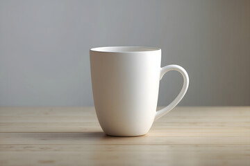 A white ceramic coffee cup on a clean wooden table.