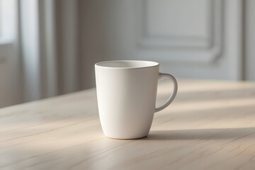 A white ceramic coffee cup on a clean wooden table.