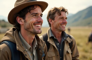 Fototapeta premium Men enjoying outdoor adventure in scenic mountainous landscape