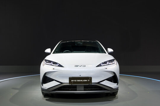 Nonthaburi-Thailand 28 NOV 2024: BYD SEALION 7 sedan EV car from China that show on stage on The 41st Thailand International Motor Expo 2024 on 28 NOV - 10 DEC 2024