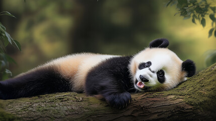 Obraz premium An enigmatic giant panda lounges on a sturdy tree branch, its black-and-white fur contrasting with the lush green woodland as it peacefully enjoys the serenity of its natural forest sanctuary.