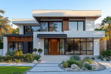 Modern house with wooden door, glass windows, white walls with brown wood details, and a garden in front of the entrance.