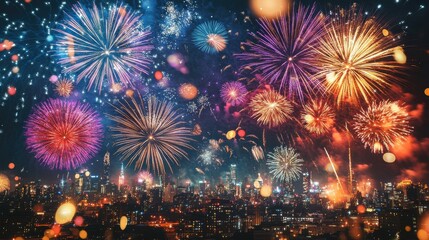 A vibrant night sky illuminated by colorful fireworks over a city skyline, creating a festive and celebratory atmosphere.
