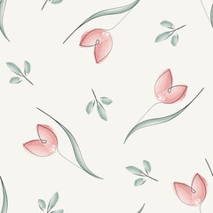Seamless floral pattern of pink tulips with outline leaf, painted with watercolor brush. Botanical texture. Floral background.