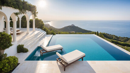 Fototapeta premium Luxurious European mansion with elegant architecture clear swimming pool and stunning beach view for premium living Exterior design Wallpaper inspiration