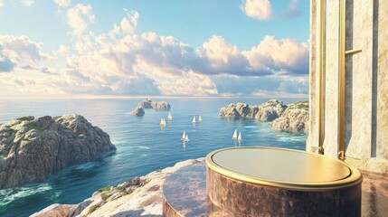 Fototapeta premium Golden Platform Overlooking Serene Seascape with Sailboats