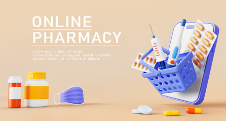 Online pharmacy 3d banner. Drugstore in mobile app and drug delivery service concept. Render cartoon smartphone with cart of medicines, pill bottles, mask, syringe and thermometer. 3D illustration