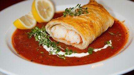 Shrimp meat wellington Soup Ingredients concept. Gourmet Shrimp Wellington Plated with Creamy Lobster Bisque