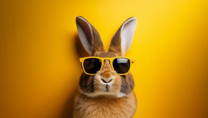 cool easter bunny with sunglasses in front of a yellow background wall
