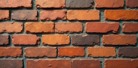 Fototapeta premium Close-up view, varied brick shades, uneven mortar lines, backdrop, brickwork, wall