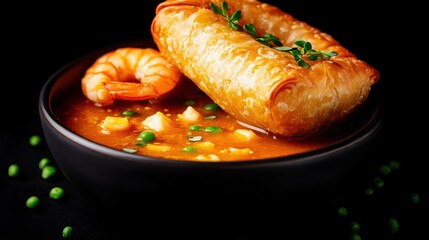Fototapeta premium Shrimp meat wellington Soup Ingredients concept. Savory Seafood Delight Shrimp Wellington and Lobster Soup Duo Garnished with Fresh Herbs
