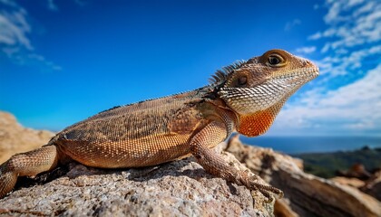 Obraz premium a lizard is sitting on a rock with a blue sky in the background