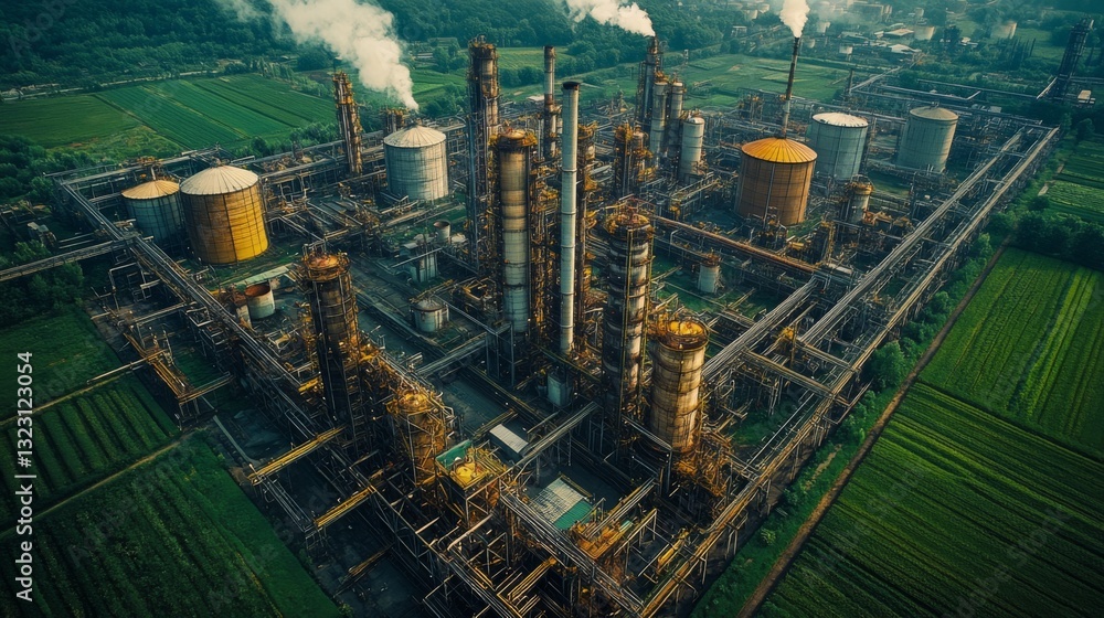 Poster complex machinery and towering structures dominate the landscape of this petrochemical refinery, sho