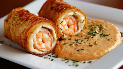 Fototapeta premium Shrimp meat wellington Soup Ingredients concept. Savory Shrimp Meat Wellington with Creamy Herb Sauce