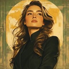 A beautiful woman with long flowing hair looks upwards toward the light