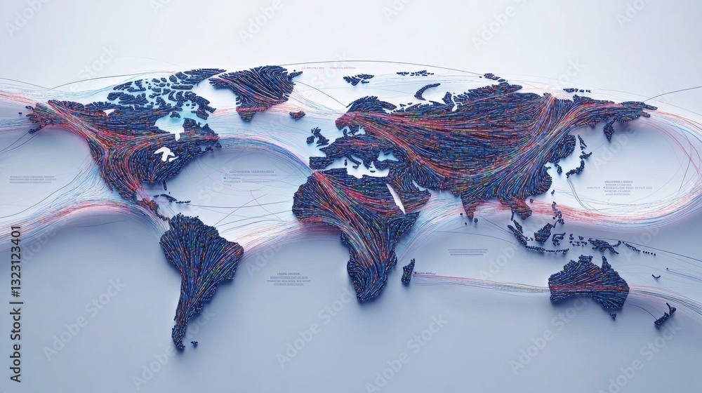 Poster a stylized world map with vibrant lines representing connections and pathways across continents.