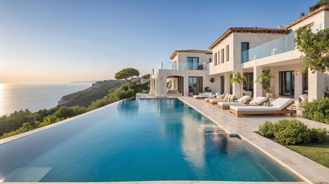 Modern European mansion exterior with a beautiful swimming pool and unbeatable beach view for relaxation and luxury Exterior design Wallpaper inspiration