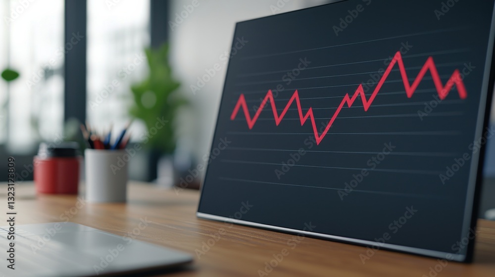 Poster a monitor displaying a red upward trend graph in a modern office setting, suggesting growth and anal
