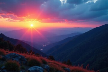Deep blue shadows lengthen across the Blue Ridge, sun dips below the horizon , North Carolina, blue