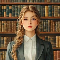 A young woman poses in front of a large library bookshelf