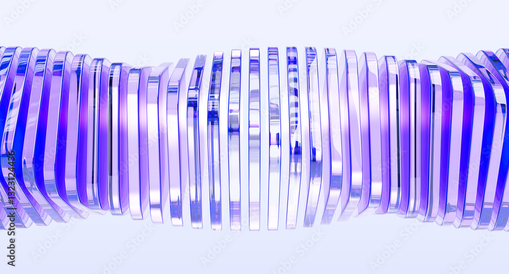 Poster 3d abstract glass holographic transparent spiral wave effect of rows square plates. Crystal light hologram gradient line pattern. Futuristic architecture design, render tech banner. 3D illustration
