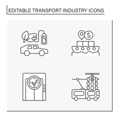  Transport industry line icons set. Public transport. Transportation of goods, people and cargoes. Movement concepts. Isolate vector illustrations. Editable stroke