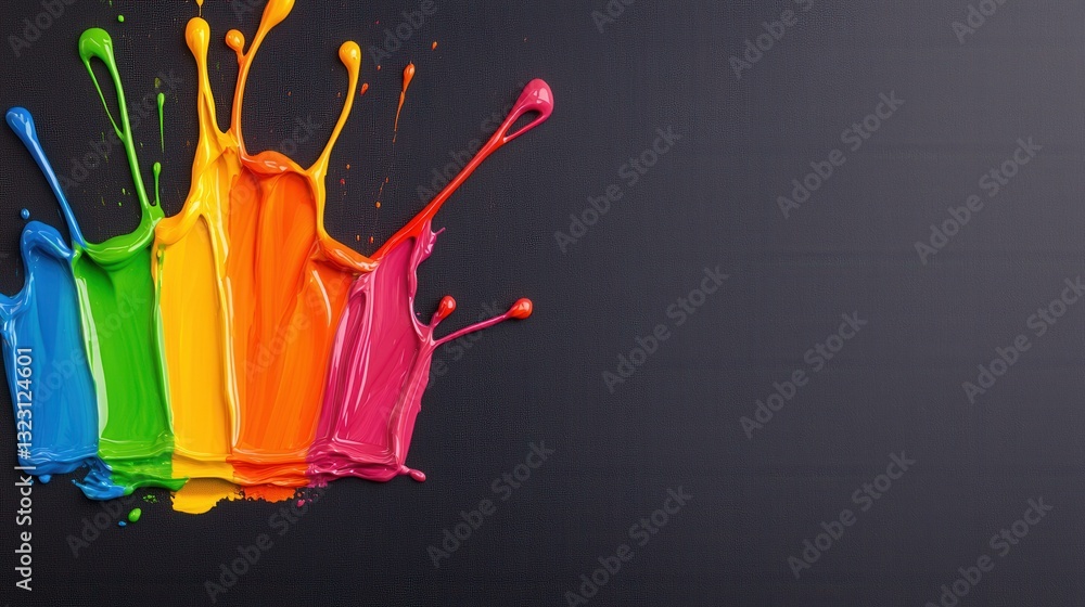 Poster a vibrant splash of paint in rainbow colors against a dark background, creating an energetic and dyn